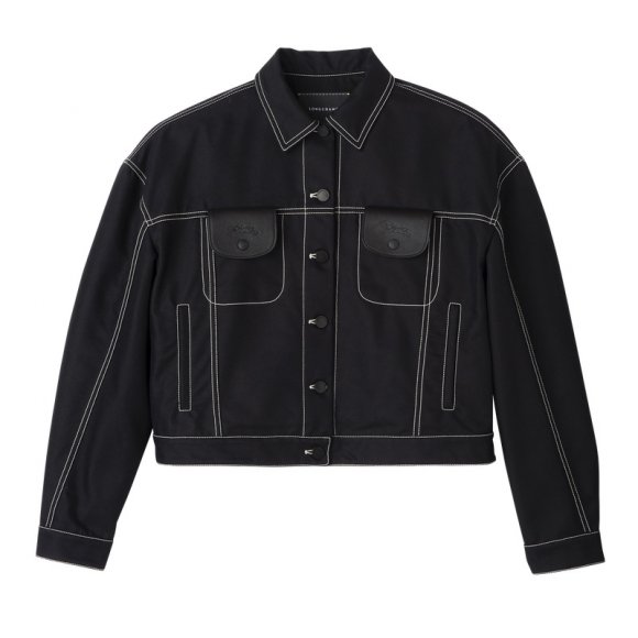 Longchamp |Kurzjacke mit Steppnähten, Schwarz – Gabardine |Schwarz