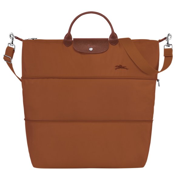 Longchamp |Le Pliage Grüne Reisetasche, erweiterbar, Cognac – Recyceltes Canvas |Cognac