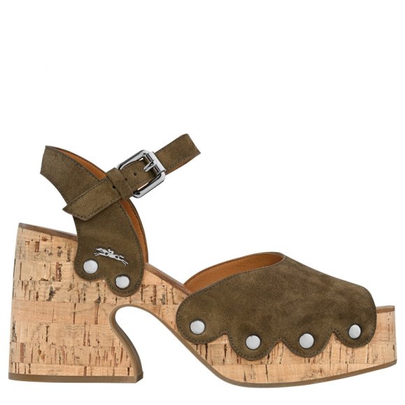Longchamp |La Cigale Sandalen Oliv – Leder |Olivgrün