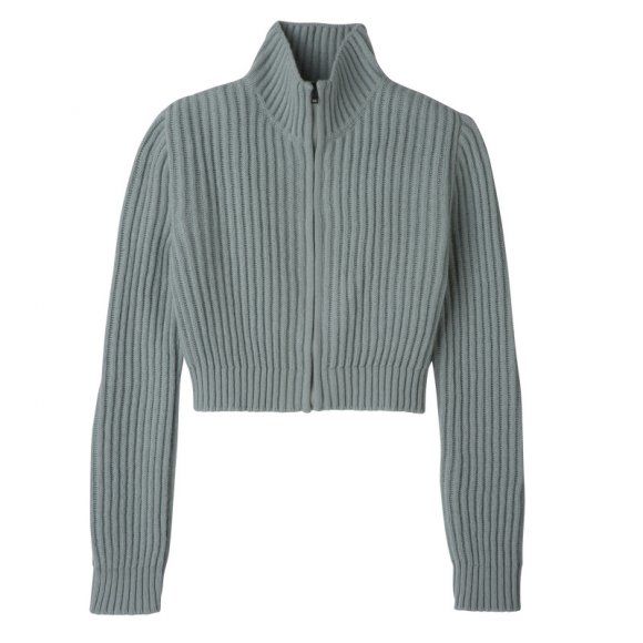 Longchamp |Kurze Strickjacke mit Reißverschlusskragen, Seladon – Strick |Seladon