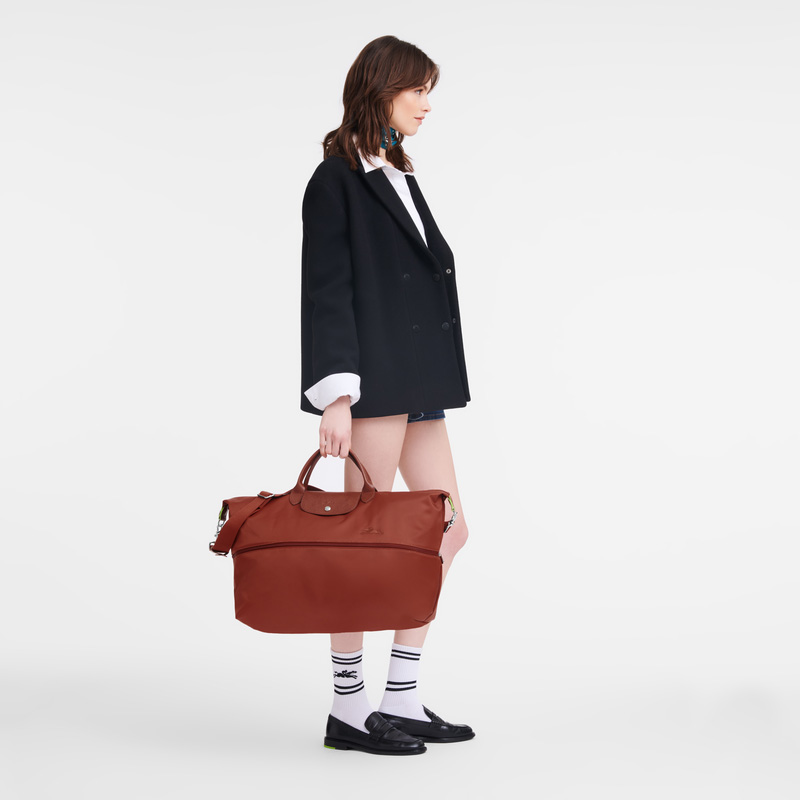 Longchamp |Le Pliage Grüne Reisetasche, erweiterbar, Kastanie – Recyceltes Canvas |Kastanie