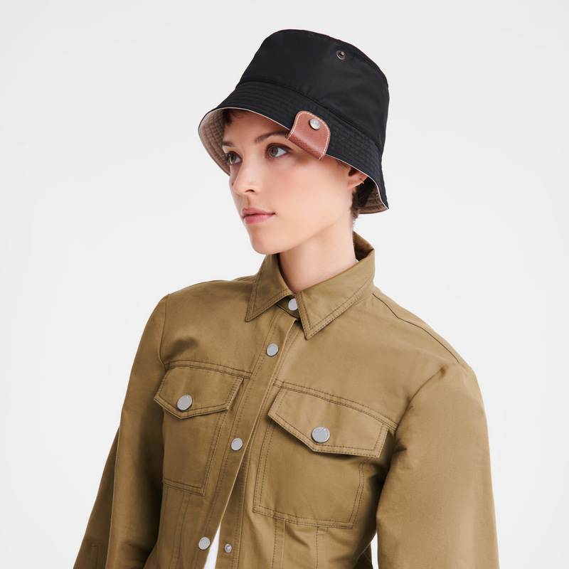 Longchamp |Wendbarer Fischerhut Schwarz/Papier – Technischer Taft |Schwarz/Mahagoni