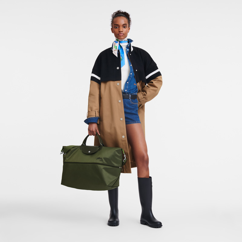 Longchamp |Le Pliage Grüne Reisetasche, erweiterbar Forest – Recyceltes Canvas |Forest