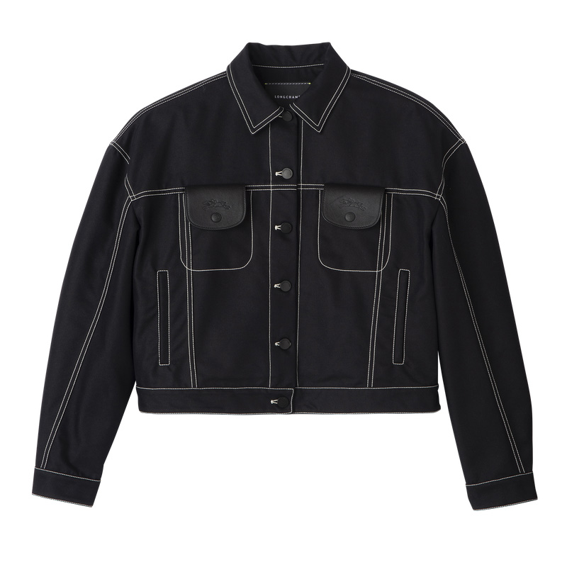 Longchamp |Kurzjacke mit Steppnähten, Schwarz – Gabardine |Schwarz