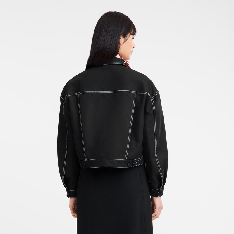 Longchamp |Kurzjacke mit Steppnähten, Schwarz – Gabardine |Schwarz