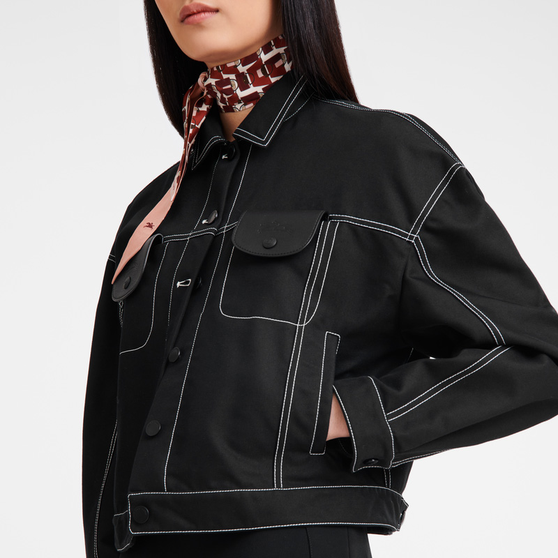 Longchamp |Kurzjacke mit Steppnähten, Schwarz – Gabardine |Schwarz