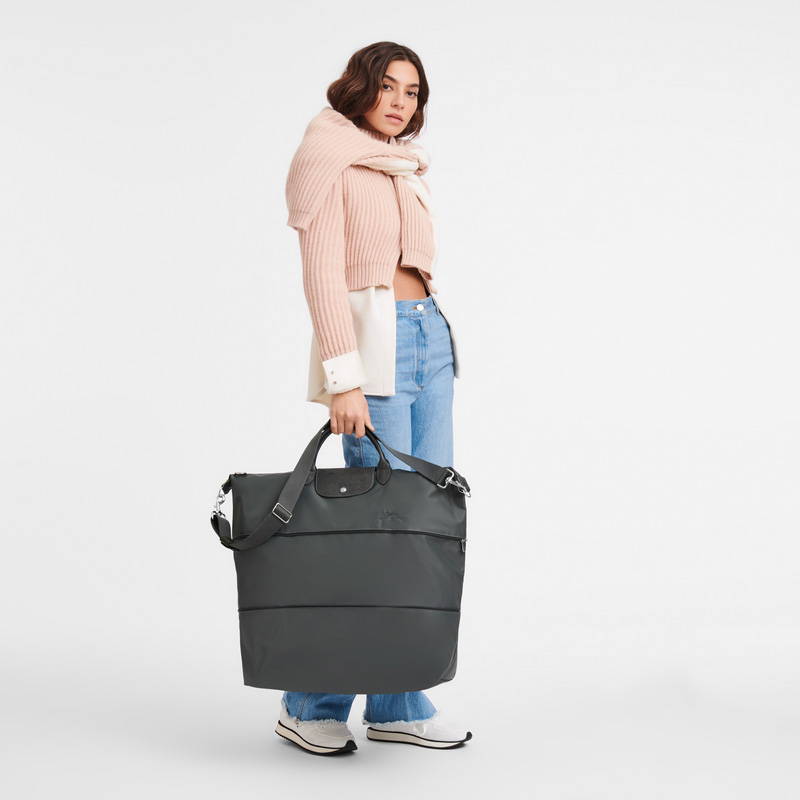 Longchamp |Le Pliage Grüne Reisetasche, erweiterbar, Graphit – Recyceltes Canvas |Graphit