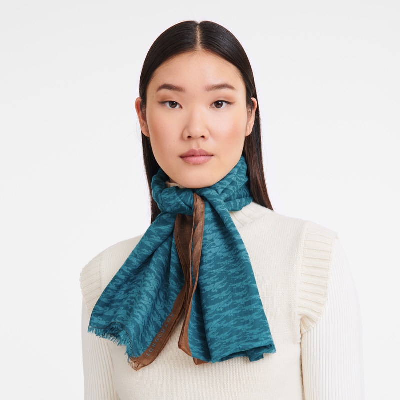 Longchamp |Chevaux-Stola Pfauenmuster – Pferdeprint |Pfau