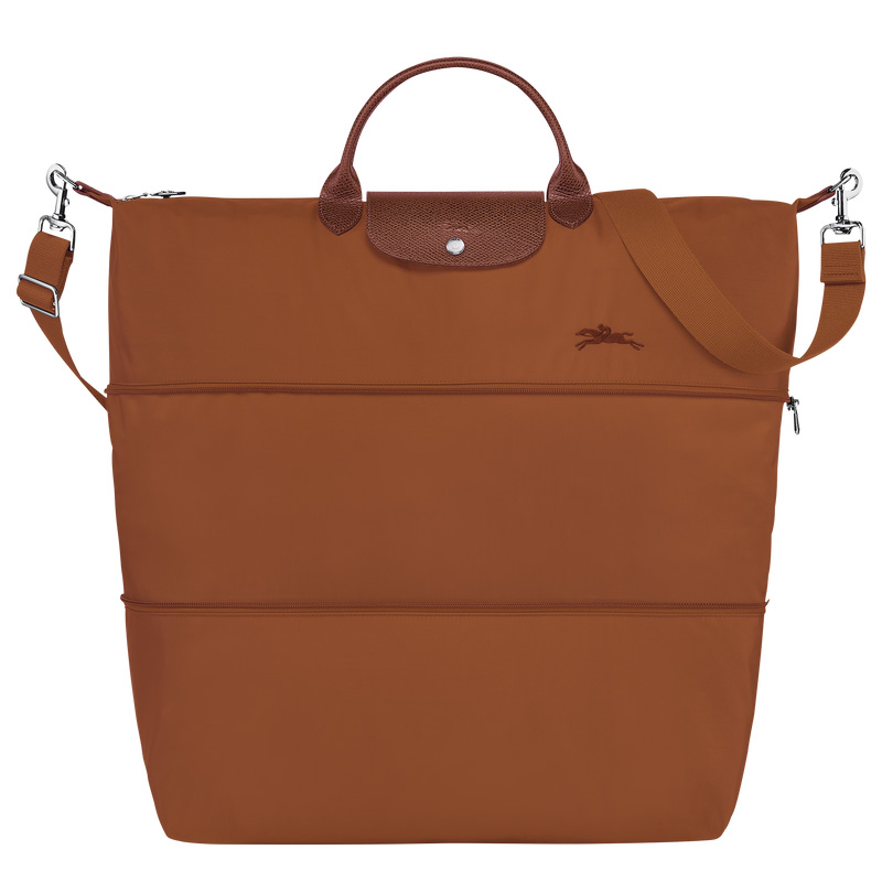 Longchamp |Le Pliage Grüne Reisetasche, erweiterbar, Cognac – Recyceltes Canvas |Cognac