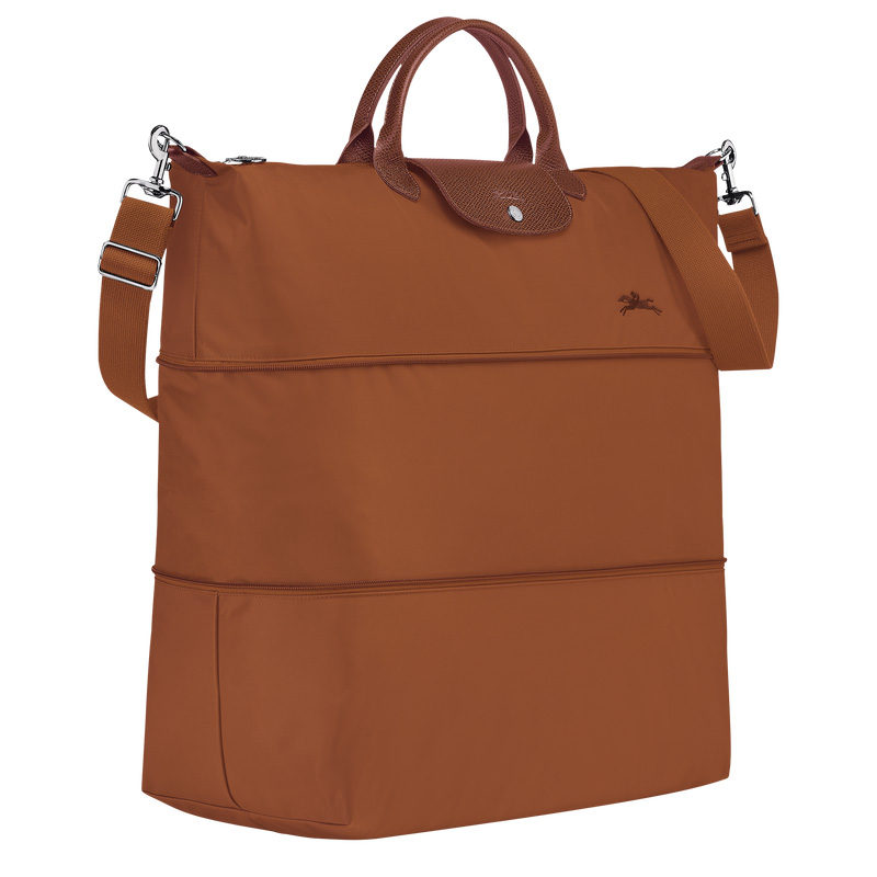 Longchamp |Le Pliage Grüne Reisetasche, erweiterbar, Cognac – Recyceltes Canvas |Cognac