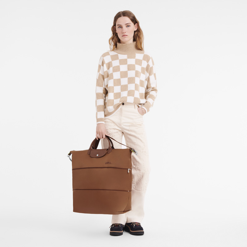 Longchamp |Le Pliage Grüne Reisetasche, erweiterbar, Cognac – Recyceltes Canvas |Cognac