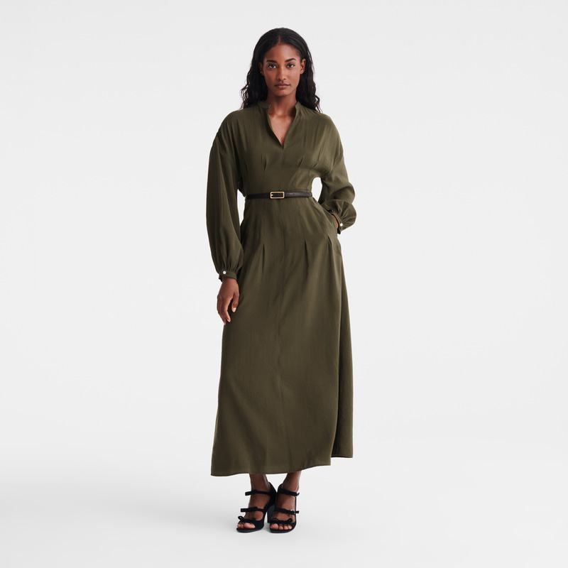 Longchamp |Langes Kleid Khaki – Fließender Crêpe |Khaki