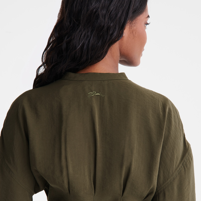 Longchamp |Langes Kleid Khaki – Fließender Crêpe |Khaki