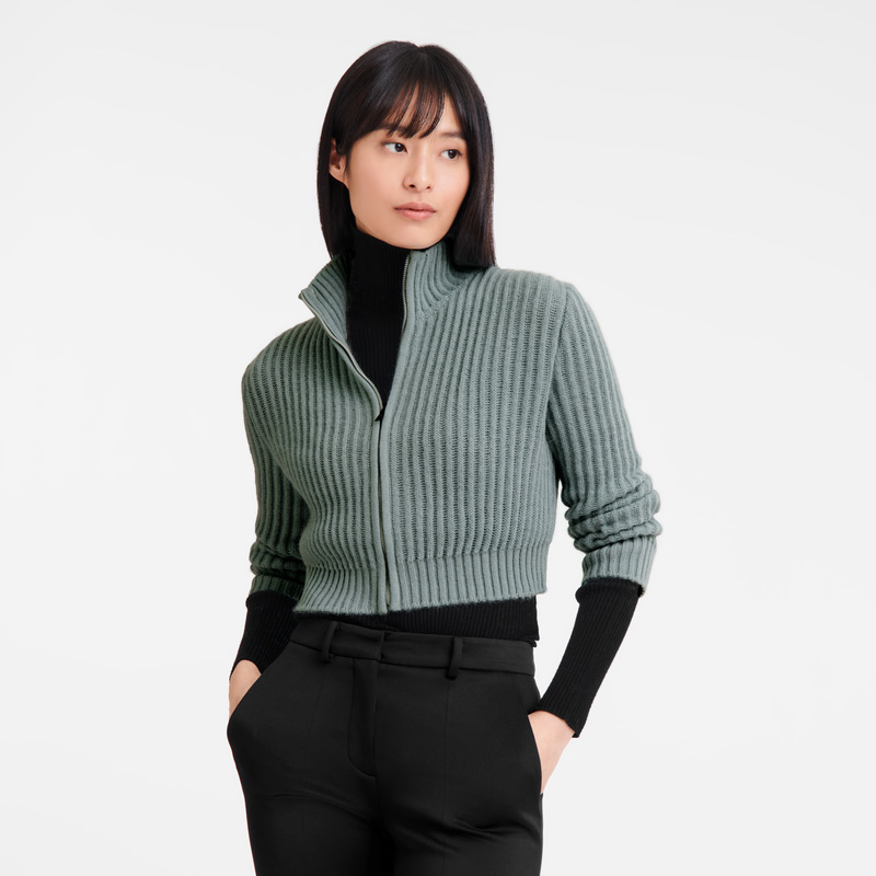 Longchamp |Kurze Strickjacke mit Reißverschlusskragen, Seladon – Strick |Seladon