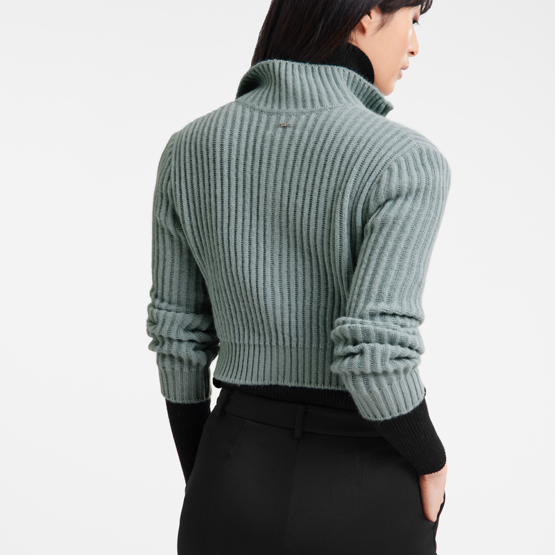 Longchamp |Kurze Strickjacke mit Reißverschlusskragen, Seladon – Strick |Seladon