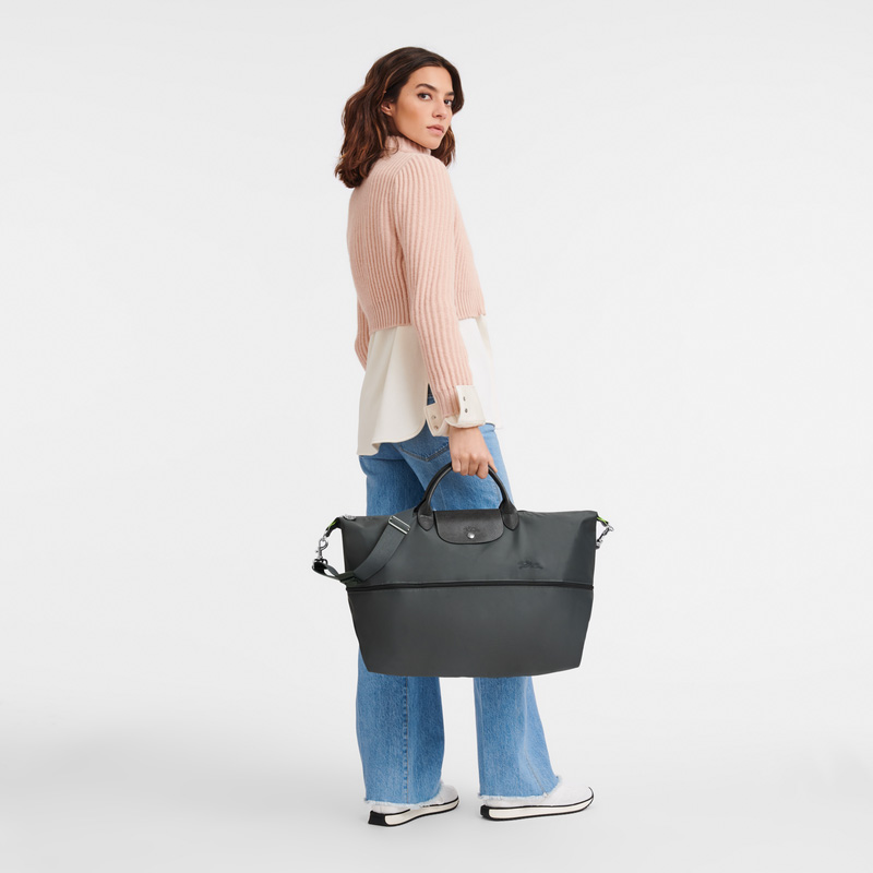 Longchamp |Le Pliage Grüne Reisetasche, erweiterbar, Graphit – Recyceltes Canvas |Graphit