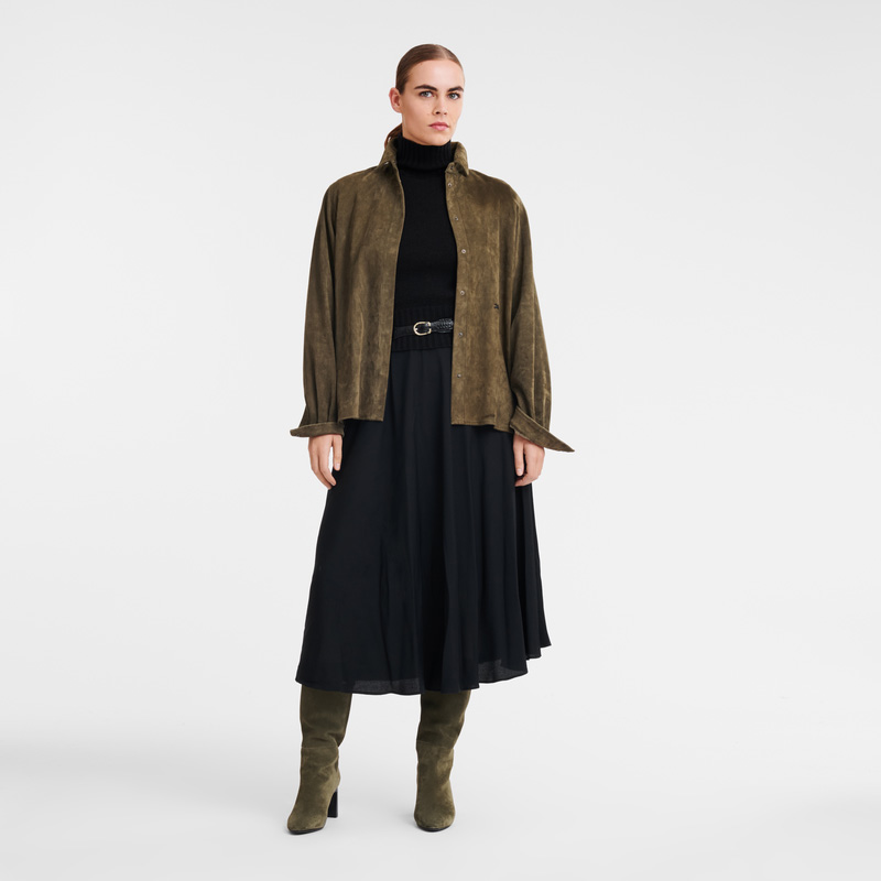 Longchamp |Gerade geschnittenes Lederhemd Khaki – Leder |Khaki