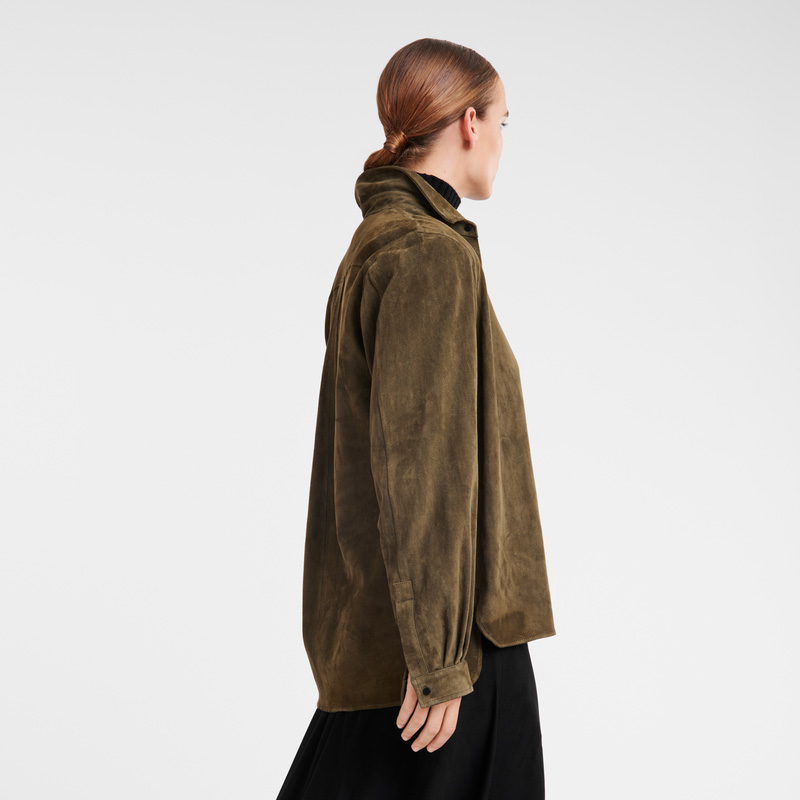 Longchamp |Gerade geschnittenes Lederhemd Khaki – Leder |Khaki