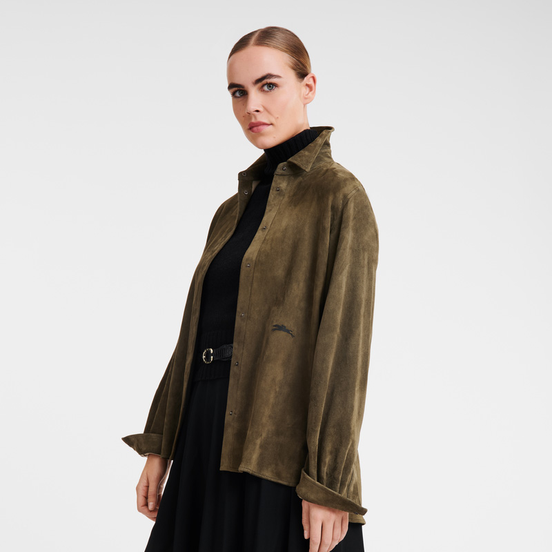 Longchamp |Gerade geschnittenes Lederhemd Khaki – Leder |Khaki