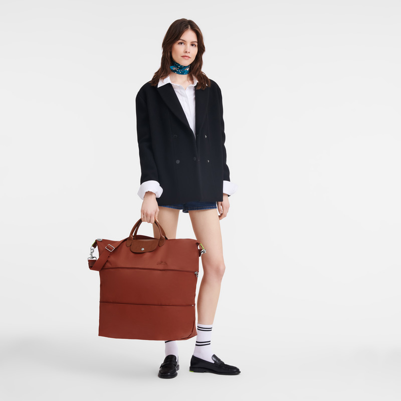Longchamp |Le Pliage Grüne Reisetasche, erweiterbar, Kastanie – Recyceltes Canvas |Kastanie