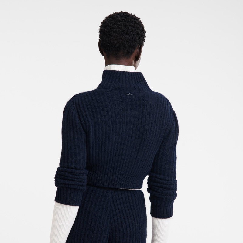 Longchamp |Kurze Strickjacke mit Reißverschlusskragen, Marineblau – Strick |Marineblau