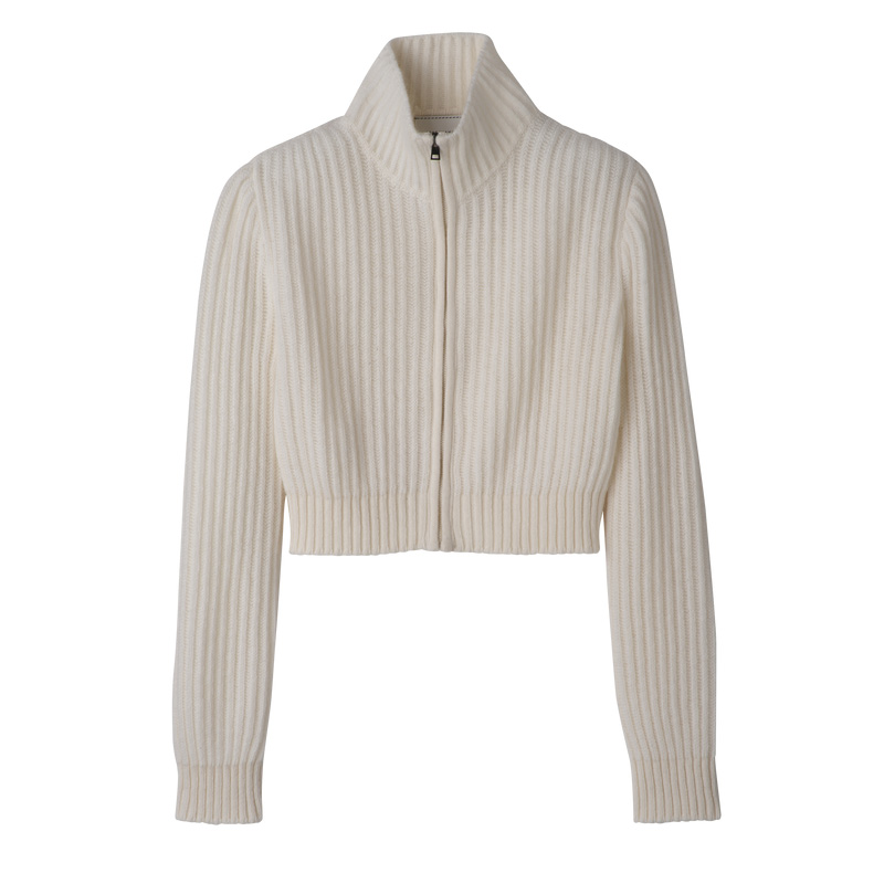 Longchamp |Kurzer Cardigan mit Reißverschlusskragen, Ecru – Strick |Ecru