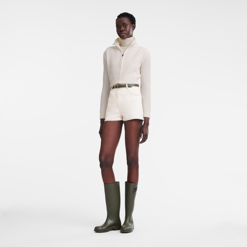 Longchamp |Kurzer Cardigan mit Reißverschlusskragen, Ecru – Strick |Ecru