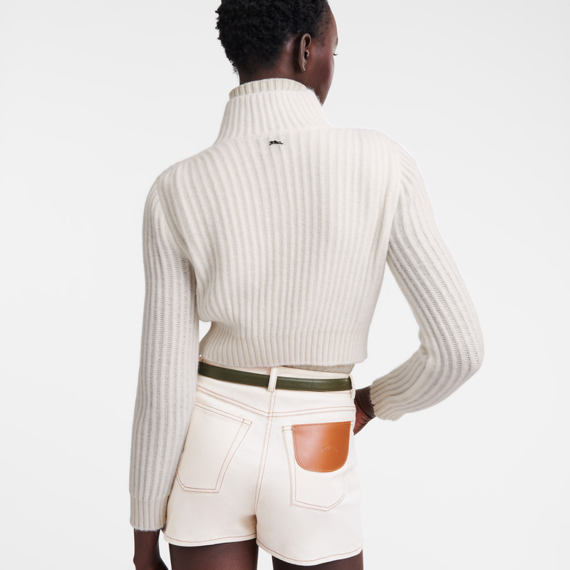 Longchamp |Kurzer Cardigan mit Reißverschlusskragen, Ecru – Strick |Ecru