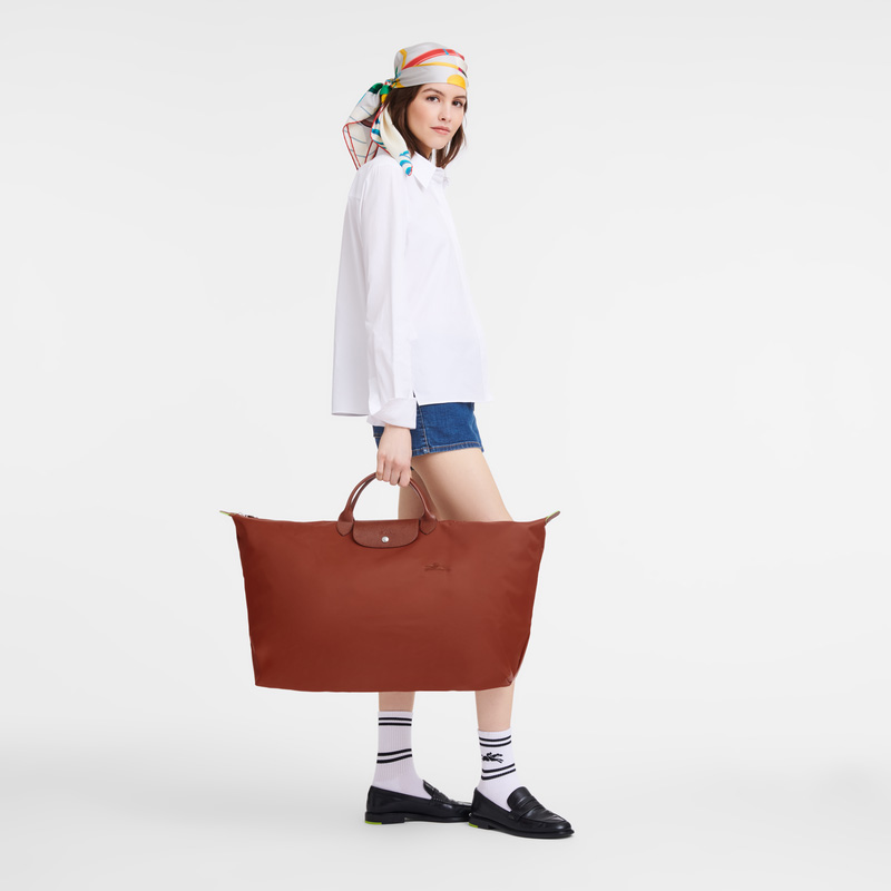 Longchamp |Le Pliage Grüne XL Reisetasche Kastanienbraun – Recyceltes Canvas |Kastanienbraun
