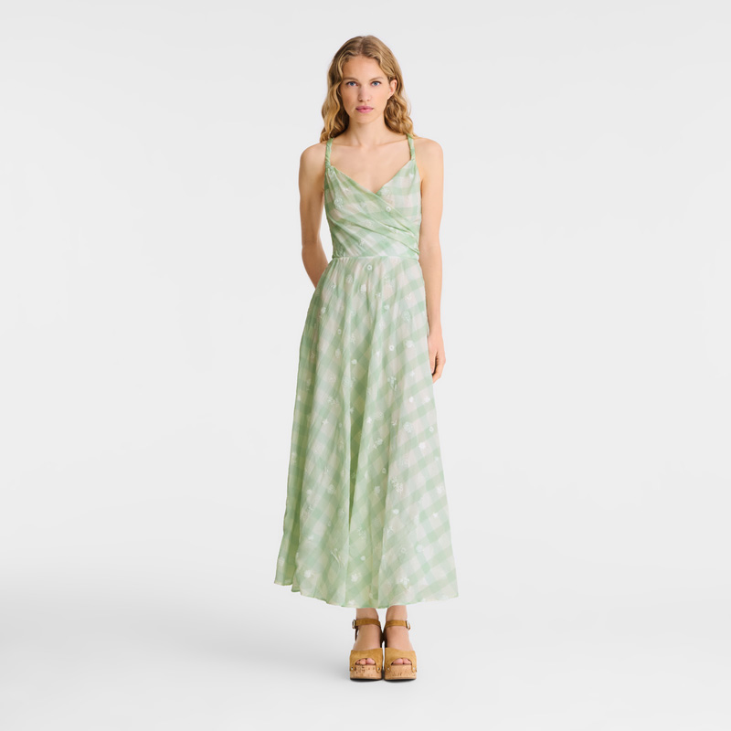Longchamp |Langes Kleid, Aquagrün – Vichy-Jacquard, bestickt |Aquagrün