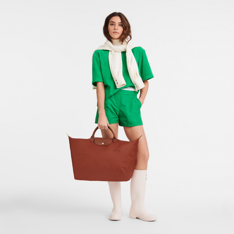 Longchamp |Le Pliage Grüne L Reisetasche, Kastanienbraun – Recyceltes Canvas |Kastanie