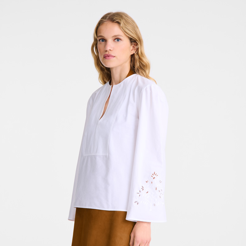 Longchamp |Bluse Weiß – Popeline bestickt |Weiß