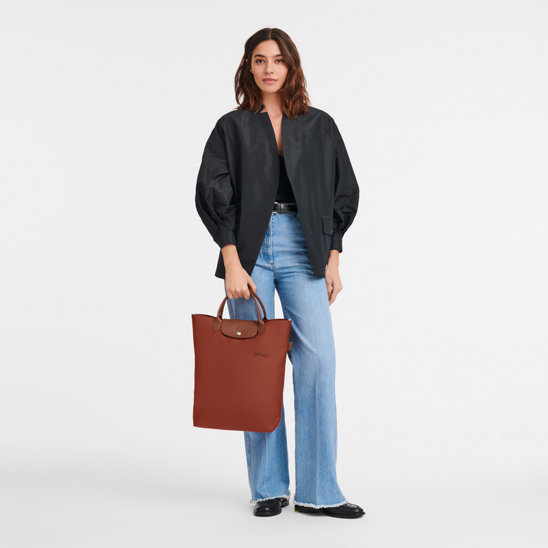 Longchamp |Le Pliage Grün M Tragetasche Kastanienbraun – Canvas |Kastanienbraun
